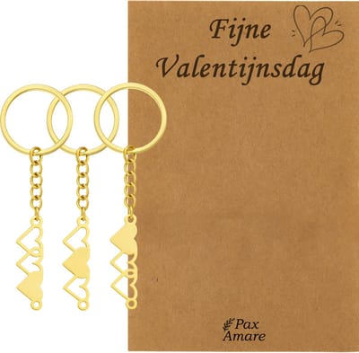 Koppel Sleutelhanger voor 3 'Fijne Valentijnsdag' - Hartjes - Sleutelhanger set op Cadeau Kaartje - Goudkleurig - Vriendschap of Relatie Symbool - Pax Amare
