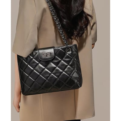 Sac fourre-tout neuf à bandoulière en cuir véritable pour femme, sac à bandoulière avec chaîne diamant haut de gamme et grande capacité gray