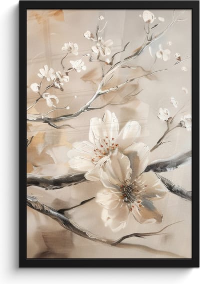 Poster in lijst - Fotolijst 40x60 cm - Posters - Bloemen - Natuur - Wit - Bloesem - Abstract - Posterlijst zwart - Decoratie - Wanddecoratie woonkamer - Muurdecoratie slaapkamer