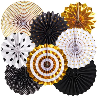 Dailygoods- Papieren Waaier - Feestdecoratie - Gouden/Zwarte Waaiers - 9 Verschillende Maten - Herbruikbare Decoratie - Perfect voor Verjaardag