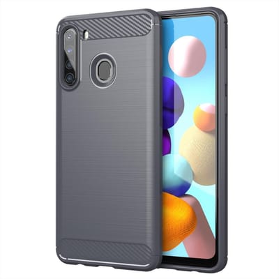 Cadorabo Hoesje geschikt voor Samsung Galaxy A21 in BRUSHED GRIJS - Beschermhoes van flexibel TPU siliconen in roestvrij staal-carbonvezel look Case Cover