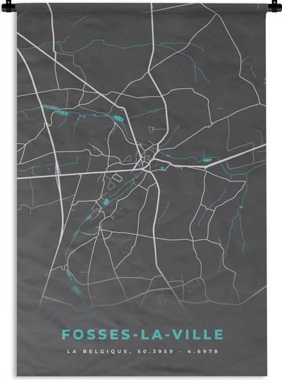 Wandkleed - Wanddoek - Plattegrond – Fosses la Ville – Blauw – Stadskaart - Kaart - 120x180 cm - Wandtapijt