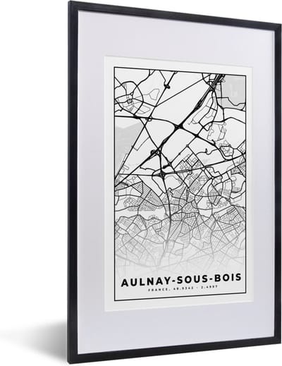 Fotolijst incl. Poster Zwart Wit- Frankrijk - Plattegrond - Stadskaart - Aulnay-sous-Bois - Kaart - Zwart wit - 40x60 cm - Posterlijst