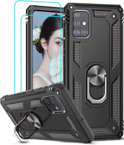 Hoesje Geschikt Voor Samsung Galaxy A51 Armor Ring hoesje & 2x Glazen tempered - Zwart