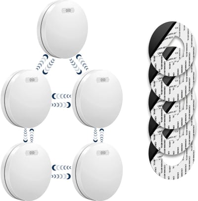 SAVS SM11R4 Draadloos koppelbare rookmelder 5-pack - SafeLink - 10 jaar batterij - Rookmelders met extra dun design - Geen LED lampje - Montage zonder boren - Voldoet aan Europese norm - Koppelbaar brandalarm