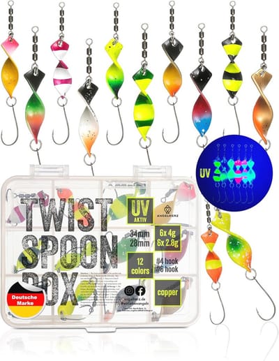 Set van 12 Forelaas Twister Spoons - Effectieve Visaas in 12 UV Actieve Kleuren