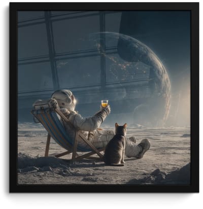 Poster in lijst - Fotolijst 40x40 cm - Posters - Maan - Kat - Astronaut - Ruimte - Posterlijst zwart - Decoratie - Wanddecoratie woonkamer - Muurdecoratie slaapkamer