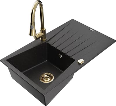 Mexen Cesar granieten spoelbak 1-komerig met afdruiprek en keukenmengkraan Elia, zwart/zilver metallic - 6514-73-670101-50