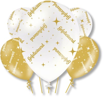 BTH – Gefeliciteerd Latex Ballonnen – 6 stuks – Wit-Goud – Verjaardag Versiering – Helium – 30cm