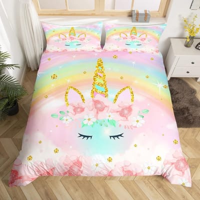 Eenhoorn Dekbedovertrek Set Cartoon Galaxy Regenboog Kleurrijk Eenhoorn Schattig Romantisch Thema Voor Kinderen Meisjes Polyester Dekbedovertrek 155x215cm 3pcs