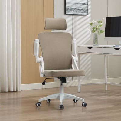 Ergonomische bureaustoel met lendensteun - Voor thuiskantoor en werkplek - Hoge rugleuning directiestoel - Ademend mesh en opklapbare armleuningen - Kaki