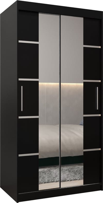 InspireMe - Kledingkast met 2 schuifdeuren, Modern-stijl, Kledingkast met planken (BxHxD): 100x200x62 - VENTILA IV 100 Zwart Mat