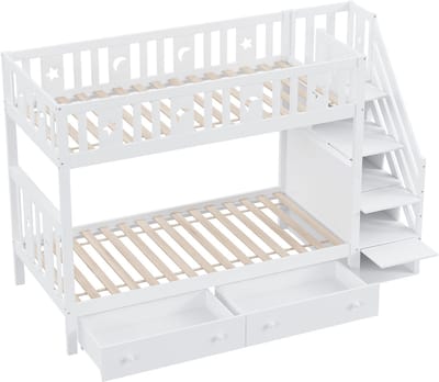 SOLIDE KINDER HOOGBED 90x200 cm - Wit Houten Stapelbed met Opslagladder & 2 Laden - Inclusief Lattenbodems - Veiligheidshek - Grote Opslagruimte - Kinderkamer