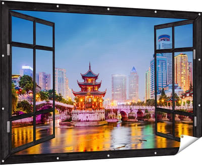 Gards Tuinposter Doorkijk Rivier bij Stad Guiyang in China - 180x120 cm - Tuindoek - Tuindecoratie - Wanddecoratie buiten - Tuinschilderij