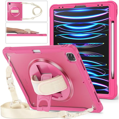 Étui Pour iPad Pro 11 12.9 13 - Coque Robuste Anti-Choc iPad Air 4 Air5 10.9 10ème 11ème Funda+Étui avec Bandoulière Pro12.9 6th Gen 2022 rose vif