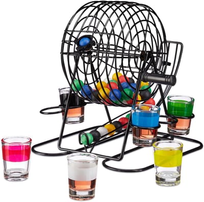 drankspel bingo - met 48 balletjes - 6 glaasjes - trommel met zwengel - voor feestjes