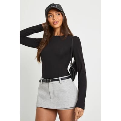 boohoo Dames Bodysuit met lange mouwen en ronde hals | Zwart | Maat: 34