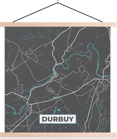 Posterhanger incl. Poster 40x40 cm - Schoolplaat - Kaart – Plattegrond – Stadskaart – Durbuy – België - Grijs - Textielposter - Blanke latten - Stadskaart