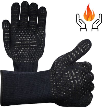 Dutchers® Hittebestendige Keukenhandschoenen - BBQ handschoen - Ovenwanten - Hittebestendig Ovenhandschoen - Pannenonderzetter - Barbecue Accessoires – Zwart Anti-slip – Veilig voor Oven, Magnetron & Grill – Duurzaam & Textuur Grip