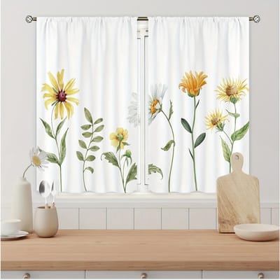 2 stuks Raamgordijn, Modern Fris Geruit Zonnebloem Bedrukt Huisdecoratie Keuken slaapkamer Raamgordijnen Met Tunnel 70x90CM