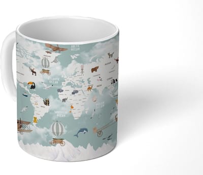 Mok - Koffiemok - Wereldkaart - Kind - Vliegtuig - Mokken - 350 ML - Beker - Koffiemokken - Theemok