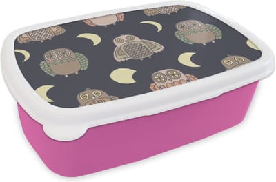 Broodtrommel Roze - Lunchbox - Brooddoos - Uil - Patronen - Maan - 18x12x6 cm - Kinderen - Meisje