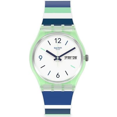 Swatch Quartz uurwerk Minimalistisch horloge 34 mm Witte wijzerplaat Kunststof kast Siliconen band Uniseks horloges GG711 White Dial Blue Green Strap white