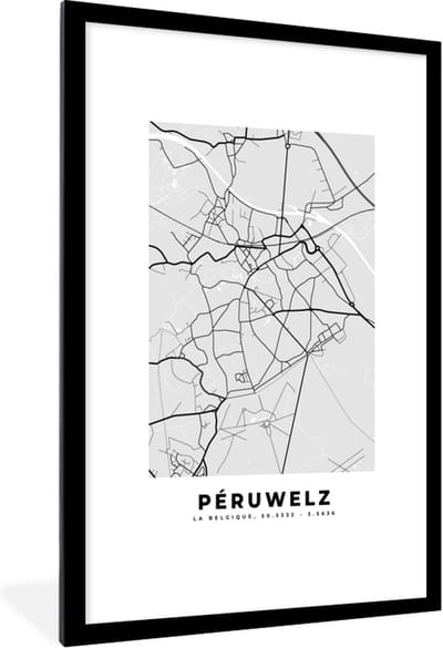 Fotolijst incl. Poster Zwart Wit- Stadskaart – Plattegrond – België – Zwart Wit – Péruwelz – Kaart - 80x120 cm - Posterlijst