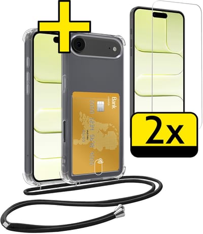 Hoesje Geschikt voor iPhone Air Telefoonhoesje Met Koord Case Pashouder Met 2x Screenprotector Siliconen - Hoes Geschikt voor iPhone Air Hoesje Met Kaarthouder - Transparant