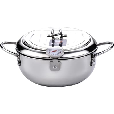 Frituurpan Roestvrijstalen friteuse in Japanse stijl met een thermometer en een olielekopvangrek zilver