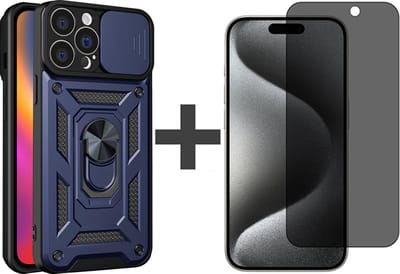 Hoesje met Privacy screenprotector Geschikt voor iPhone 15 Pro Max met Ringhouder en Camera schuifje - Arara backcover - Blauw