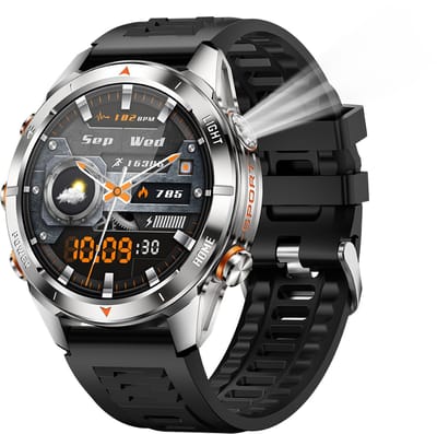 Knobbout Smartwatch 1.46" Scherm (3,7 cm) met Krachtige Zaklamp & UV Licht – 3ATM Waterdicht | Bluetooth Bellen | 515mAh Lange Batterij | Sport & Gezondheid Tracker | Full Metal Design - Zilver