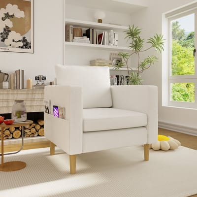 MODENUIT Fauteuil 71 x 68 x 82 cm - Met Zijvak En Los Rugkussen - Voor Leeshoek En Woonkamer - Chenille Beige