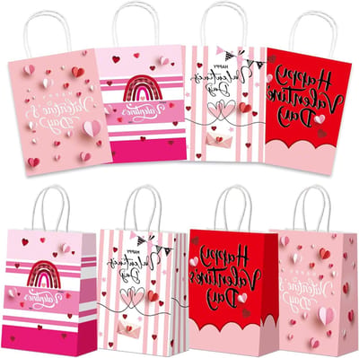 8 Stuks Valentijnsdag Cadeauzakken - Kraft Papieren Tassen met Handvat voor Snoepjes en Kleine Geschenken in Roze en Rood Hartdesign