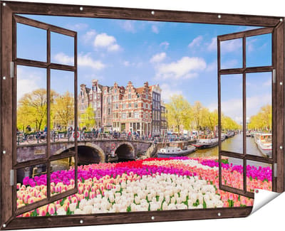 Gards Tuinposter Doorkijk Amsterdamse Huisjes aan de Grachten - 180x120 cm - Tuindoek - Tuindecoratie - Wanddecoratie buiten - Tuinschilderij