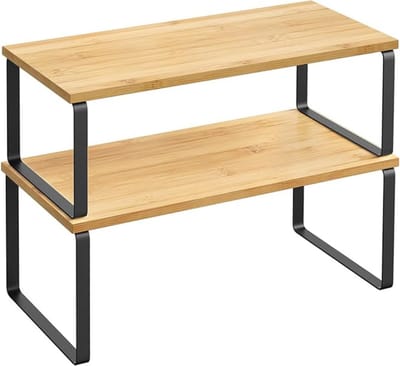 Verte Kruidenrek - Set van 2 Keukenorganizers - Keukenplank - Kastorganizer - Uitbreidbaar - Kleine Plank - Stapelbaar - Metaal en Houtmateriaal - Inktzwart-Natuurlijk Beige