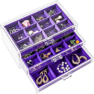 Sieraden Organizer - Opbergdoos - Sieraden Opbergen - Drie Lades - 23.5 x 10.5 cm - Paars