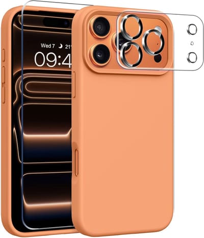 Stravo Siliconen Hoesje geschikt voor iPhone 17 Pro , Oranje, Met 1X Screenprotector + 1X Cameralensbeschermer, [Zachte Krasbestendige Microvezelvoering], Vloeibare Siliconen Schokbestendige Beschermende Telefoonhoes