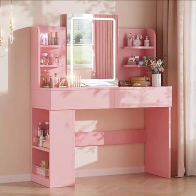 Grote Kaptafel met Verlichting, Spiegel en Opberglades - 108 x 40 cm, Verstelbare Helderheid, Voor Slaapkamer en Woonkamer (Roze)