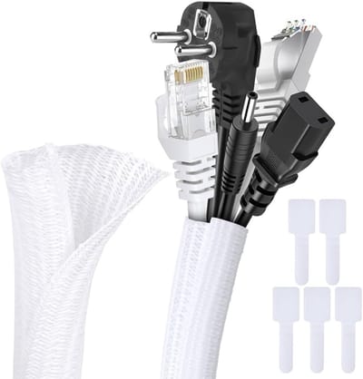 1/2 Inch Zelfwikkelende Gevlochten Kabelsleeve, Draad Loom Touw, Kabelbeschermer met 5 Zelfklevende Kabelbinders, Bescherming tegen Dieren die Draden Knaagen, Geschikt voor TV, PC en Video (Wit)