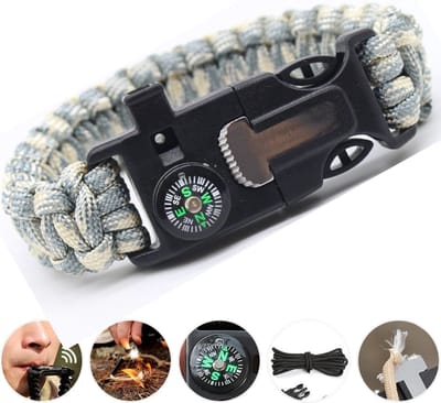 Outdoor survival Armband groen/beige - 5 in 1 met Vuursteen (magnesium stick), Paracord, Kompas, Noodfluit en Schraper