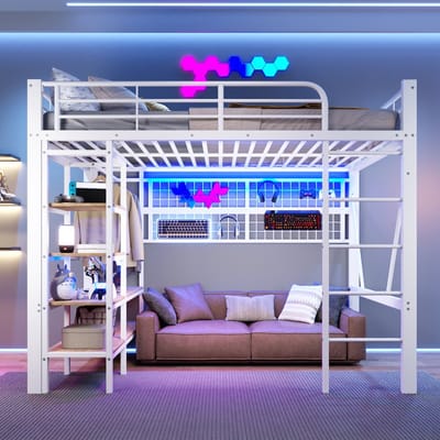 VVBV Ruimtebesparende Hoogslaper 140x200 cm - LED-Verlichting, Planken - Metaal Wit - Zonder Matras
