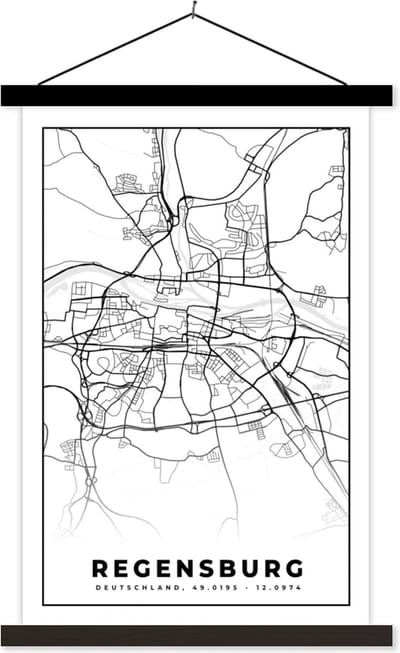 Posterhanger incl. Poster 40x60 cm - Schoolplaat - Regensburg - Kaart - Stadskaart - Plattegrond - Textielposter - Zwarte latten - Stadskaart