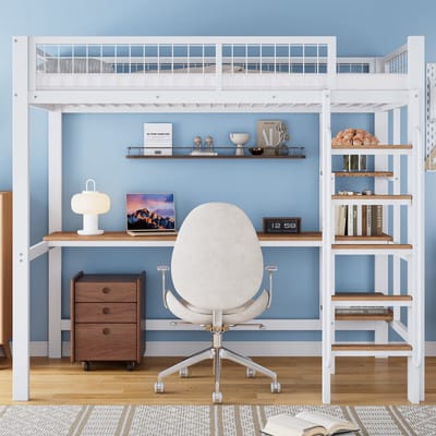 Metalen Stapelbed 90x200 cm - bureau en planken - vijftraps ladder - veiligheidshekje - metaal en MDF - wit en naturel