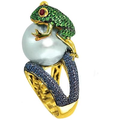Huitan Leuke Dierenring Springende Kikker Vormige Fancy Ringen Verjaardagscadeau voor Vrouwen Ruw Oppervlak Met Gesimuleerde Parel Ring 10 white