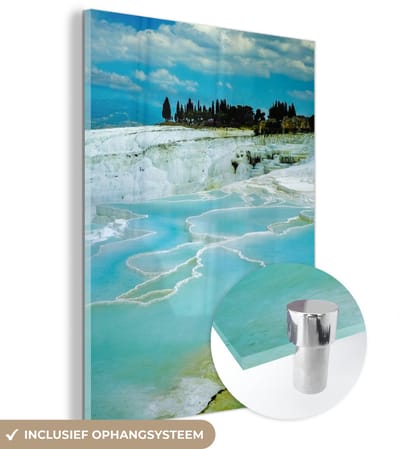 ® Glasschilderij 120x160 cm - Schilderij acrylglas - Overzicht over het katoenen kasteel Pamukkale in Turkije - Foto op glas - Muurdecoratie woonkamer - Wanddecoratie slaapkamer - Schilderijen
