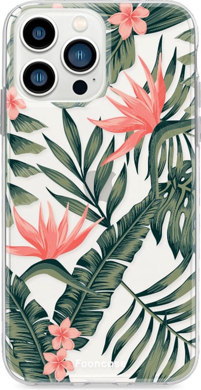 Fooncase Hoesje Geschikt voor iPhone 13 Pro Max - Shockproof Case - Back Cover / Soft Case - Tropical Desire / Bladeren / Roze