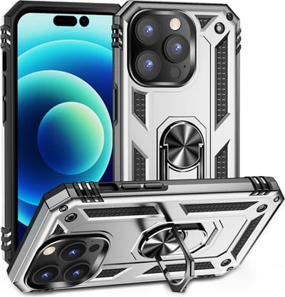 MobyDefend Hoesje - Geschikt voor iPhone 14 Pro - Pantsercase Met Draaibare Ring - Zilvergrijs