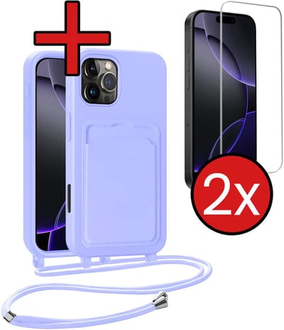 Hoesje Geschikt voor iPhone 16 Pro Hoesje Met Telefoonkoord en Pasjeshouder Met 2x Screenprotector Siliconen - Hoes Geschikt voor iPhone 16 Pro Hoesje Met Kaarthouder Case - Lila