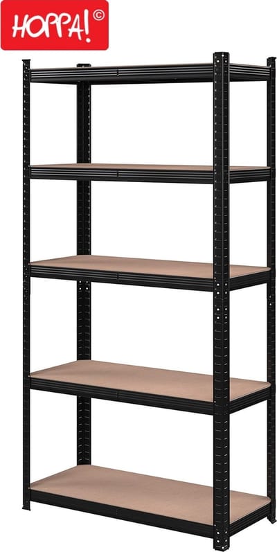 Hoppa! Magazijnstelling - Opbergrek, stellingkast, werkplaatskast, 91x41x181 cm (BxDxH), belastbaar tot 875 kg (175 kg per plank), 5 verstelbare legplanken, metalen legplank, legplank zonder bouten, zwaar rek, kelderrek voor zwaar gebruik LichtBruin